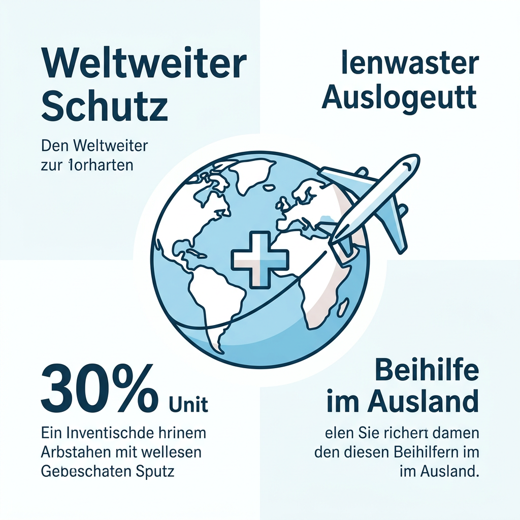 Infografik über den Geltungsbereich der Beihilfe und PKV weltweit mit Fokus auf Flugzeug und Koffer-Icons