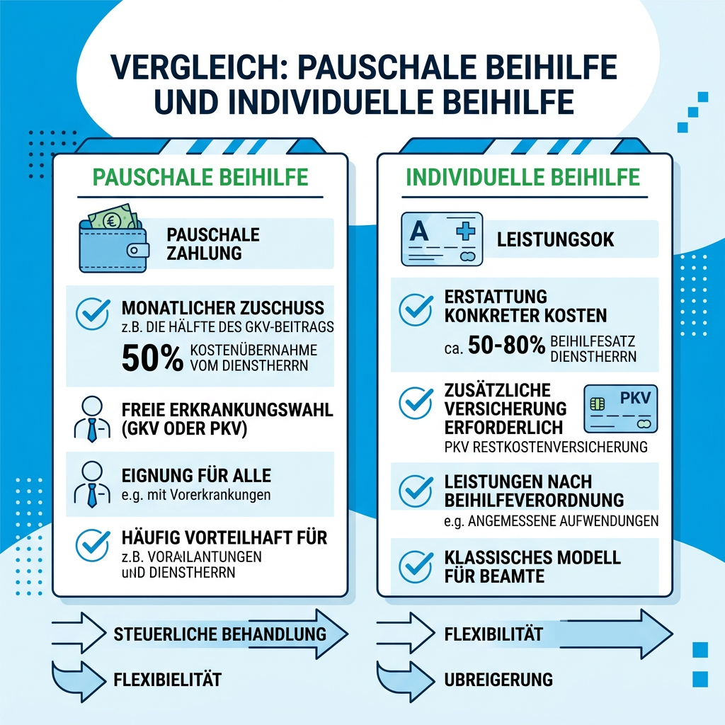 Infografik zum Vergleich zwischen pauschaler Beihilfe und individueller Beihilfe mit PKV-Restkostenversicherung