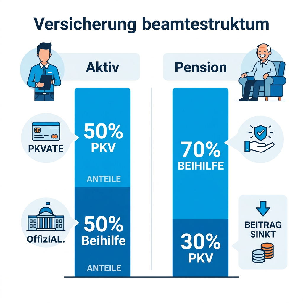 Infografik zum Wechsel des Beihilfesatzes von 50 % während der aktiven Zeit auf 70 % im Ruhestand.