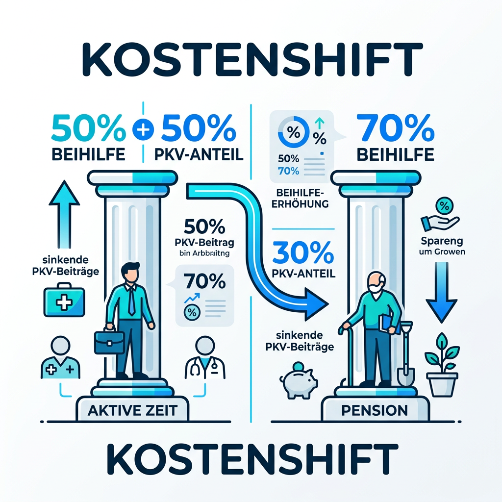 Infografik zur Beitragsstruktur der PKV für Pensionäre im Vergleich zur aktiven Dienstzeit. Infografik zur Beitragsstruktur der PKV für Pensionäre im Vergleich zur aktiven Dienstzeit.