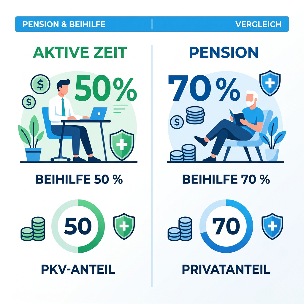 Infografik zum Wechsel des Beihilfesatzes von 50% auf 70% beim Eintritt in den Ruhestand