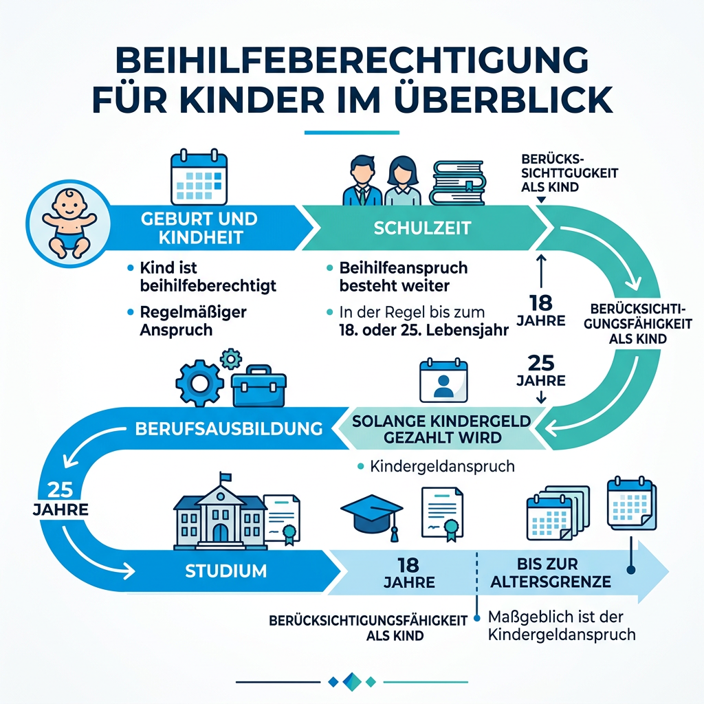 Infografik zum Zeitstrahl des Beihilfeanspruchs für Kinder während der Ausbildung