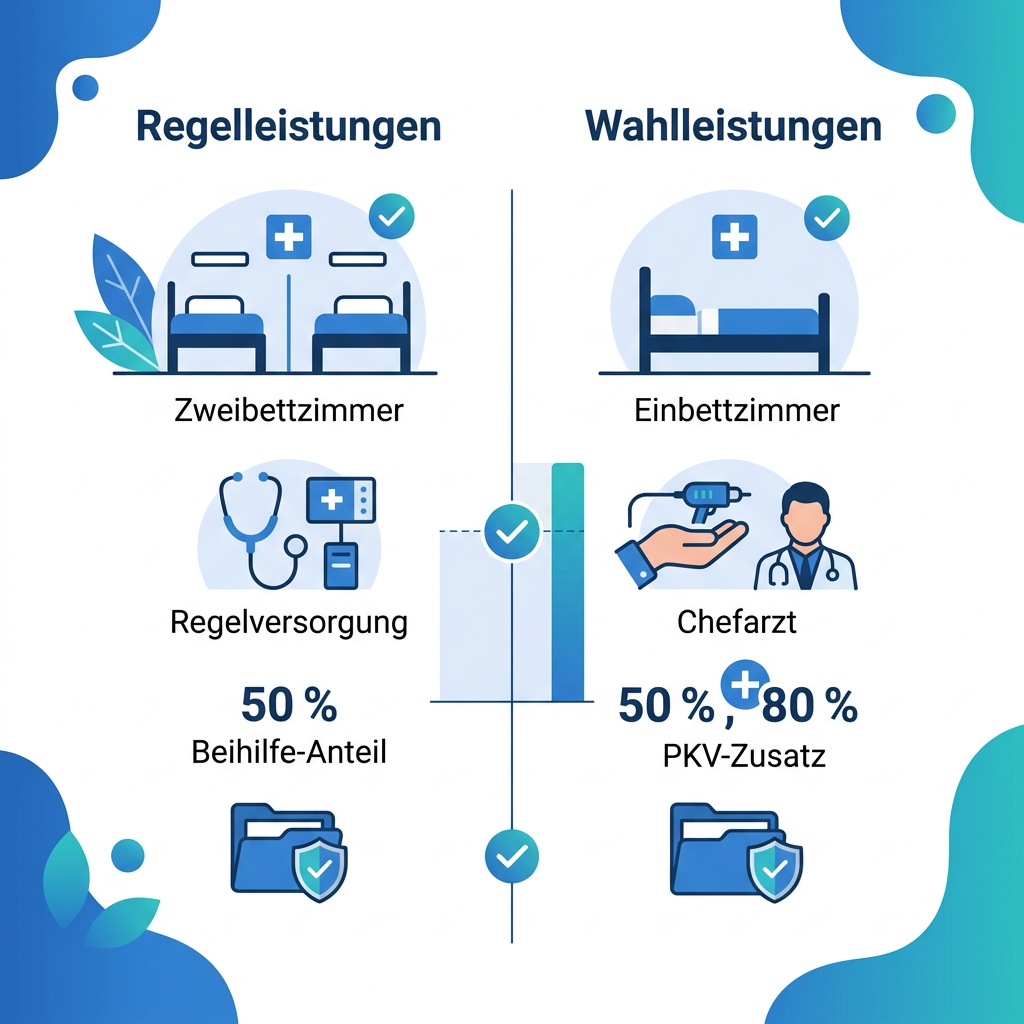 Infografik zum Vergleich von Regelleistungen und Wahlleistungen im Krankenhaus für Beamte.