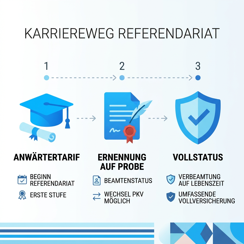 Infografik über den Karriereweg vom Anwärter zum Beamten auf Lebenszeit und die PKV-Anpassung.