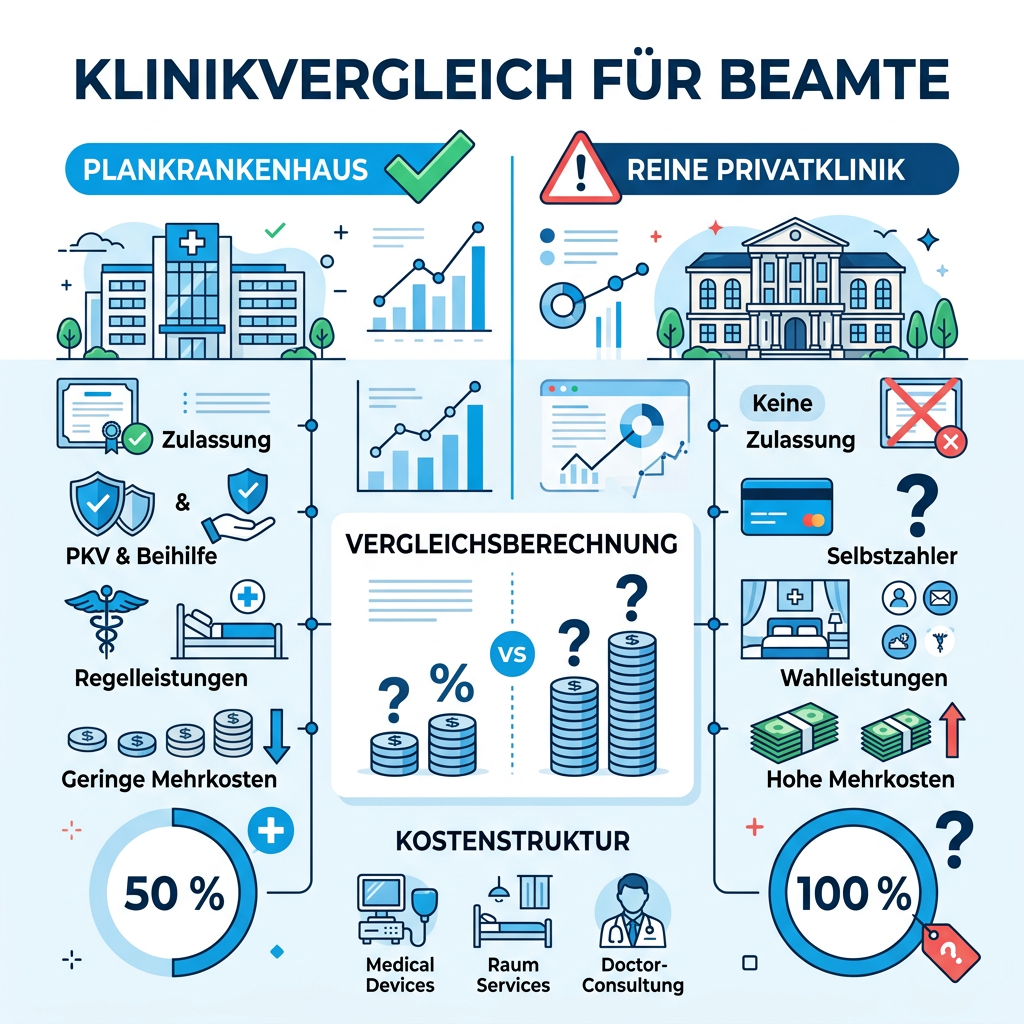 Infografik zum Unterschied zwischen Plankrankenhaus und Privatklinik für Beamte