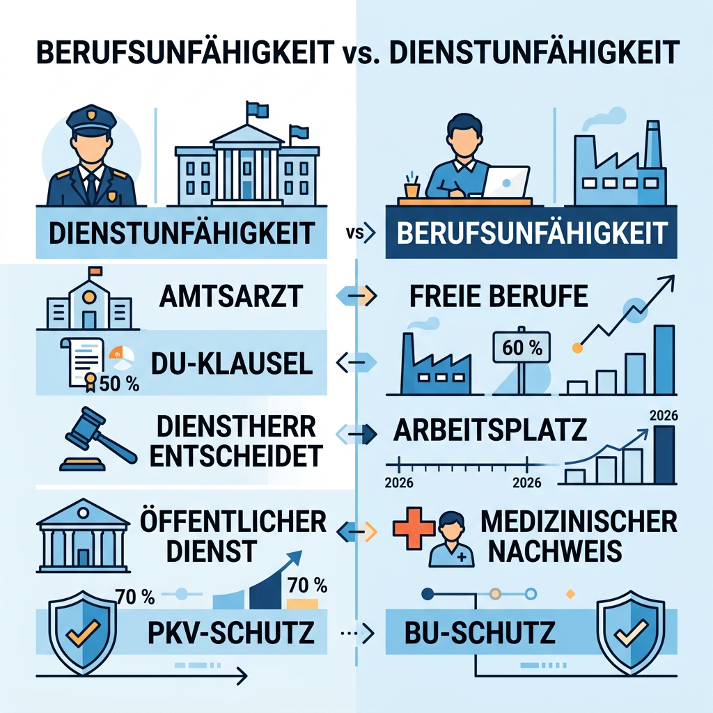 Infografik zum Vergleich von Dienstunfähigkeit und Berufsunfähigkeit