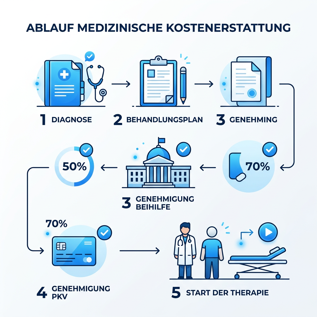 Infografik zum Ablauf der Kostenübernahme bei künstlicher Befruchtung für Beamte