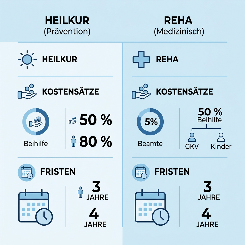 Infografik zum Vergleich von Kur und Rehabilitation für Beamte