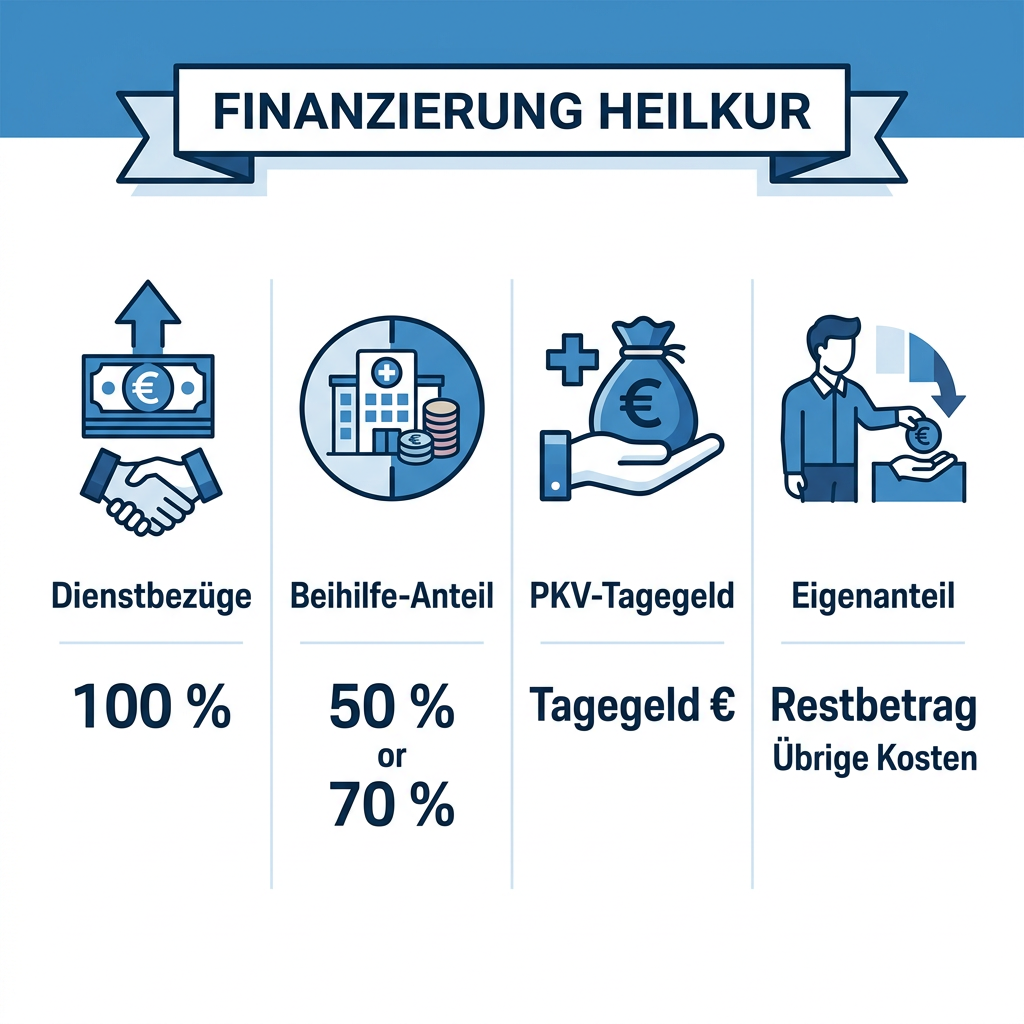 Infografik zur Lohnfortzahlung und Beihilfe-Zuschüssen während einer Kur für Beamte