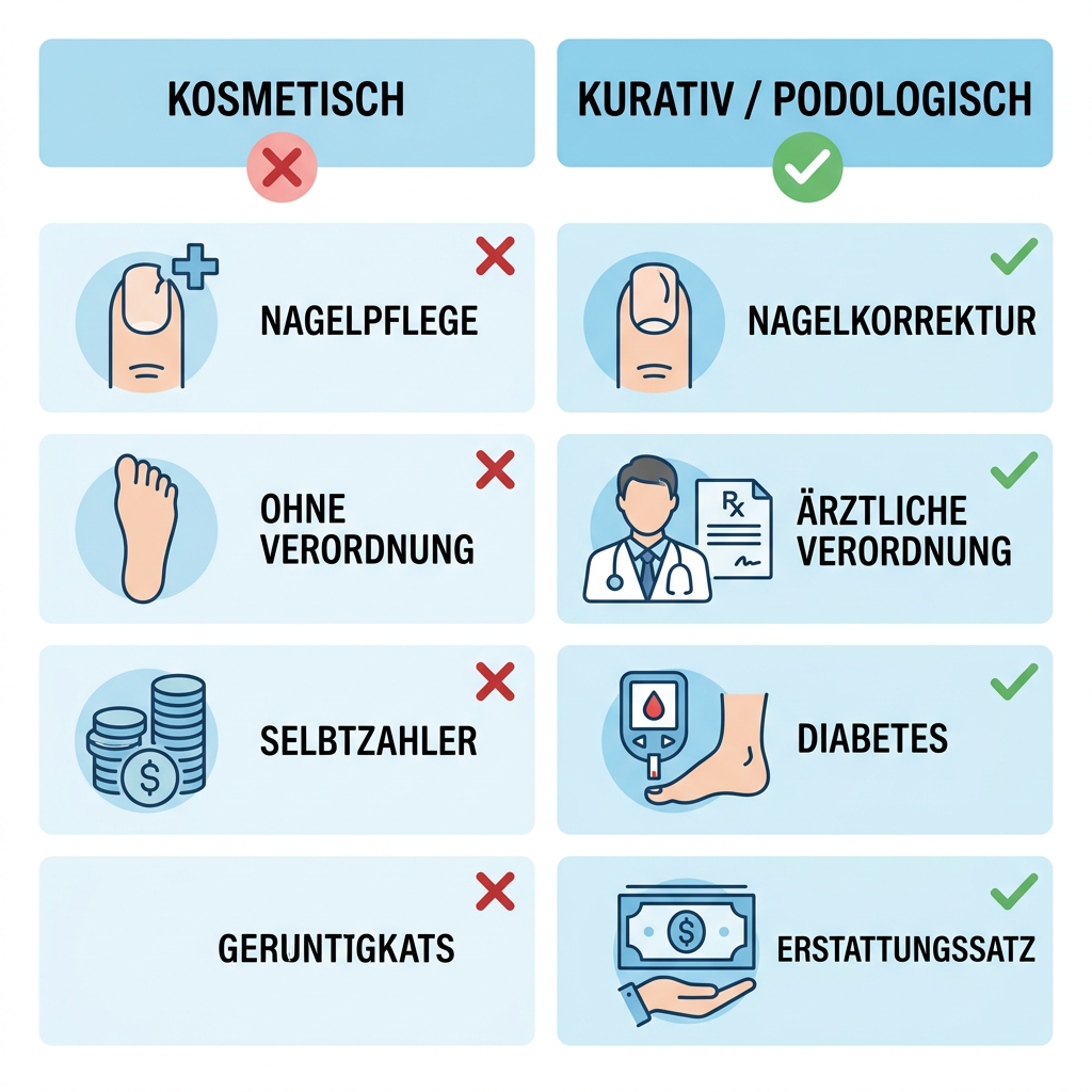 Infografik zum Unterschied zwischen kosmetischer und kurativer Fußpflege bei Beamten