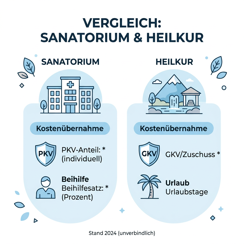 Infografik zum Vergleich zwischen Sanatoriumsbehandlung und Heilkur für Beamte Infografik zum Vergleich zwischen Sanatoriumsbehandlung und Heilkur für Beamte
