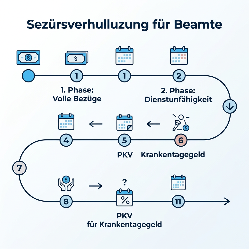 Infografik zum Zeitstrahl der Besoldungsfortzahlung bei Beamten