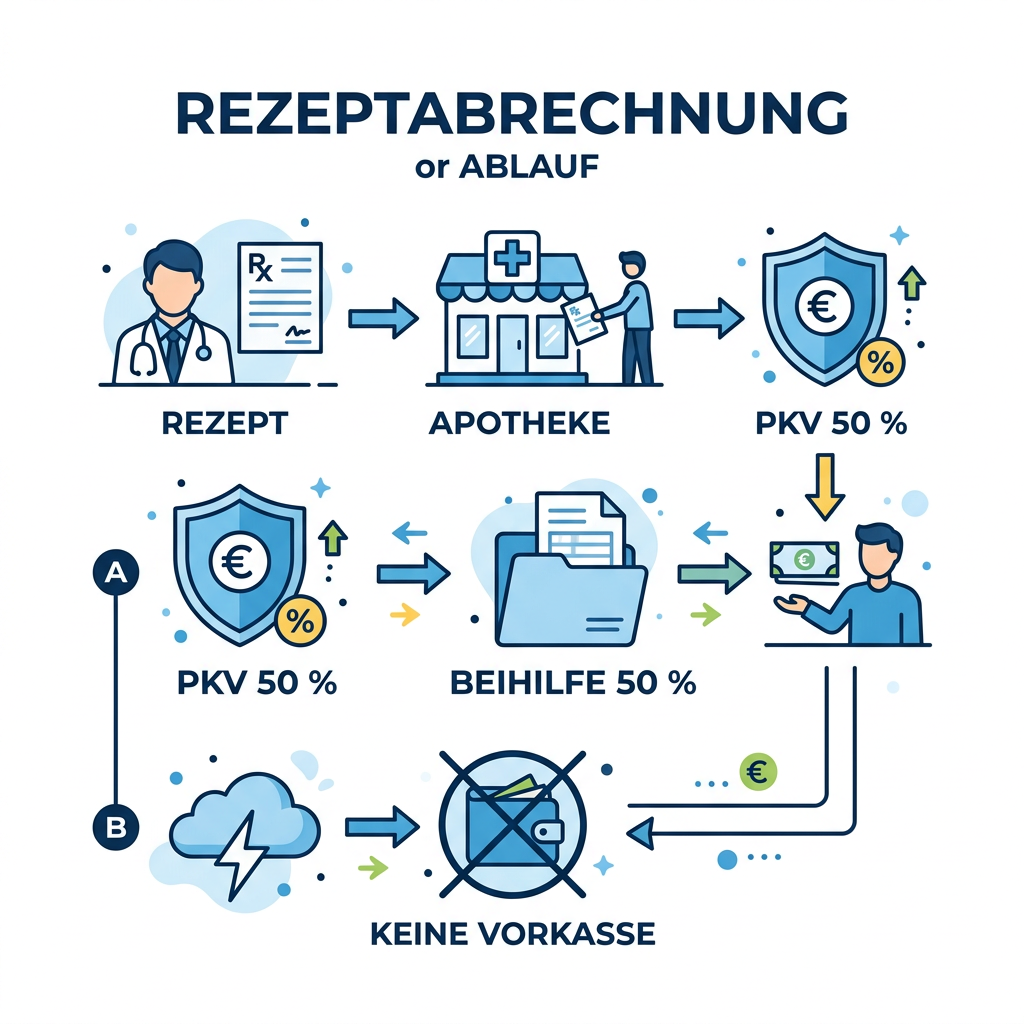 Infografik zum Ablauf der Direktabrechnung von Medikamenten für Beamte Infografik zum Ablauf der Direktabrechnung von Medikamenten für Beamte