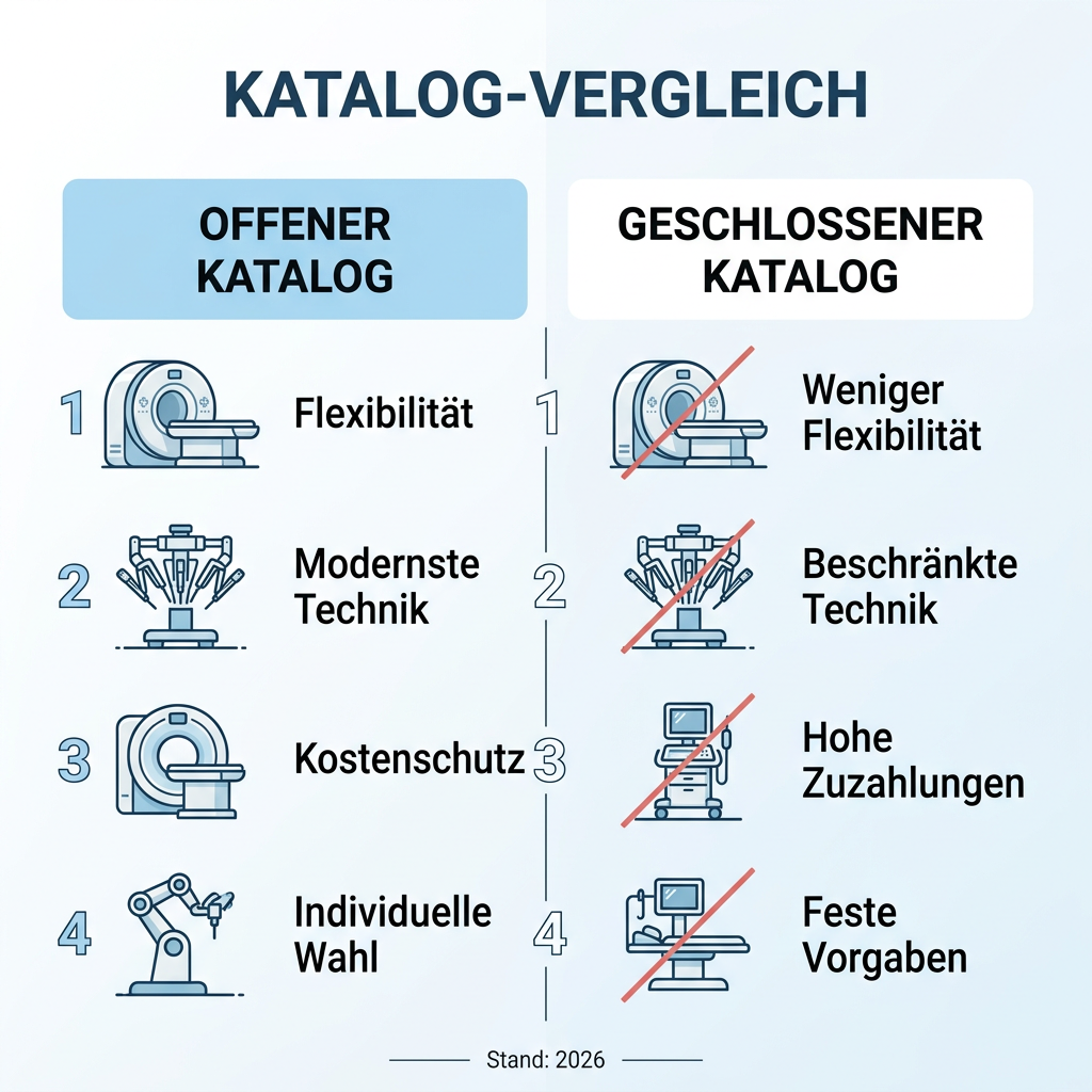 Infografik zum Vergleich offener vs. geschlossener Hilfsmittelkataloge