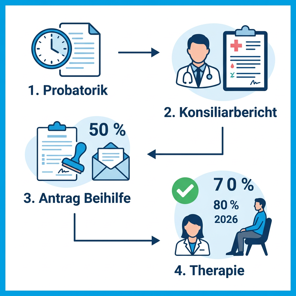 Infografik zum Ablauf der Beantragung einer Psychotherapie bei Beamten