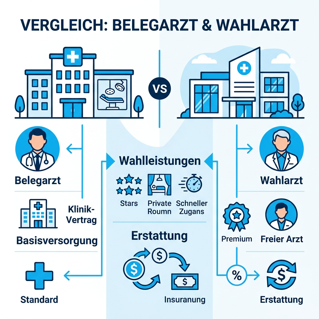 Infografik zum Vergleich von Belegarzt und Wahlarztleistungen im Krankenhaus