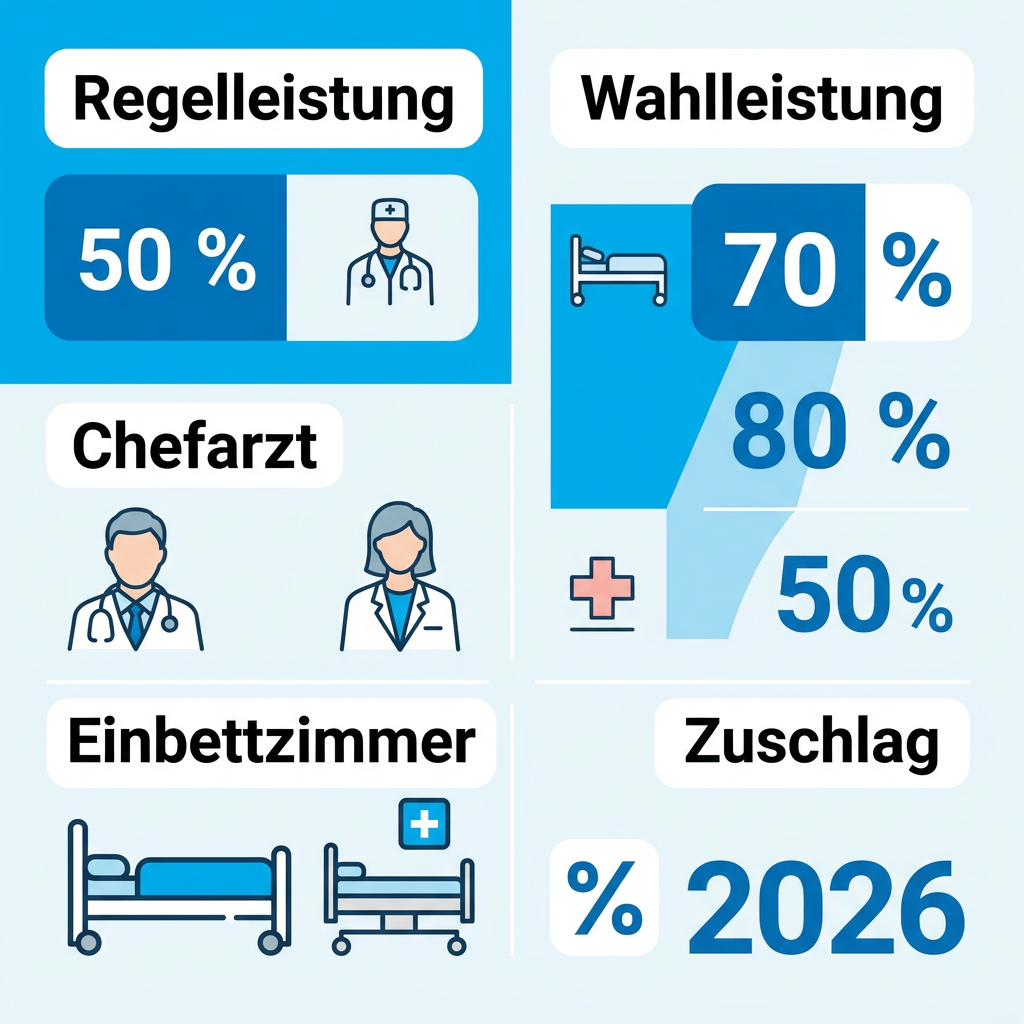 Infografik zum Vergleich von Regelleistungen und Wahlleistungen im Krankenhaus für Beamte