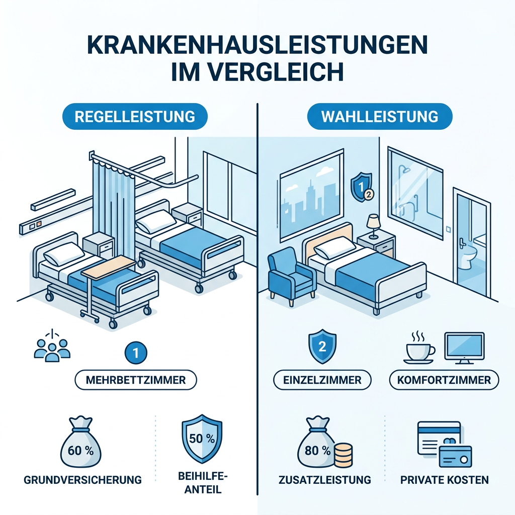 Infografik zum Vergleich von Regelleistung und Wahlleistung im Krankenhaus
