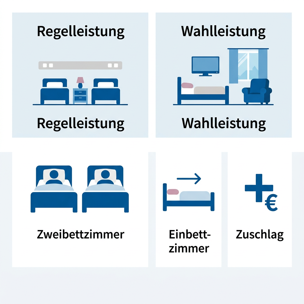 Infografik zum Vergleich von Regelleistung und Wahlleistung im Krankenhaus