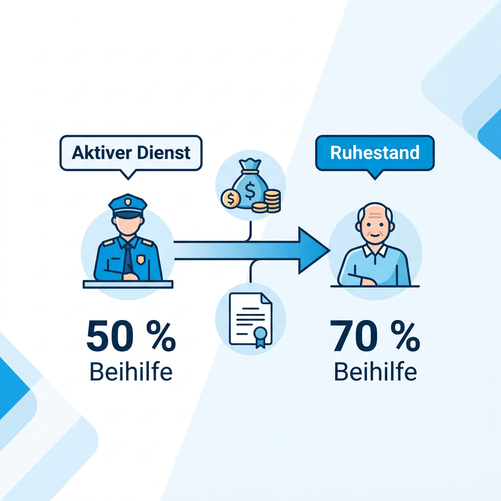 Infografik zum Wechsel des Beihilfesatzes beim Eintritt in die Pension