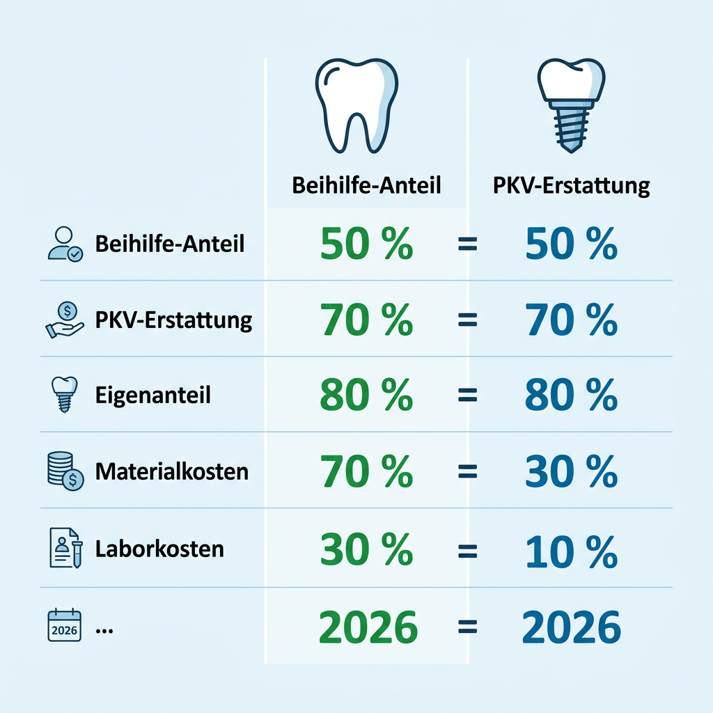 Vergleichsgrafik zwischen Beihilfe-Leistung und PKV-Zusatzleistung bei Zahnersatz