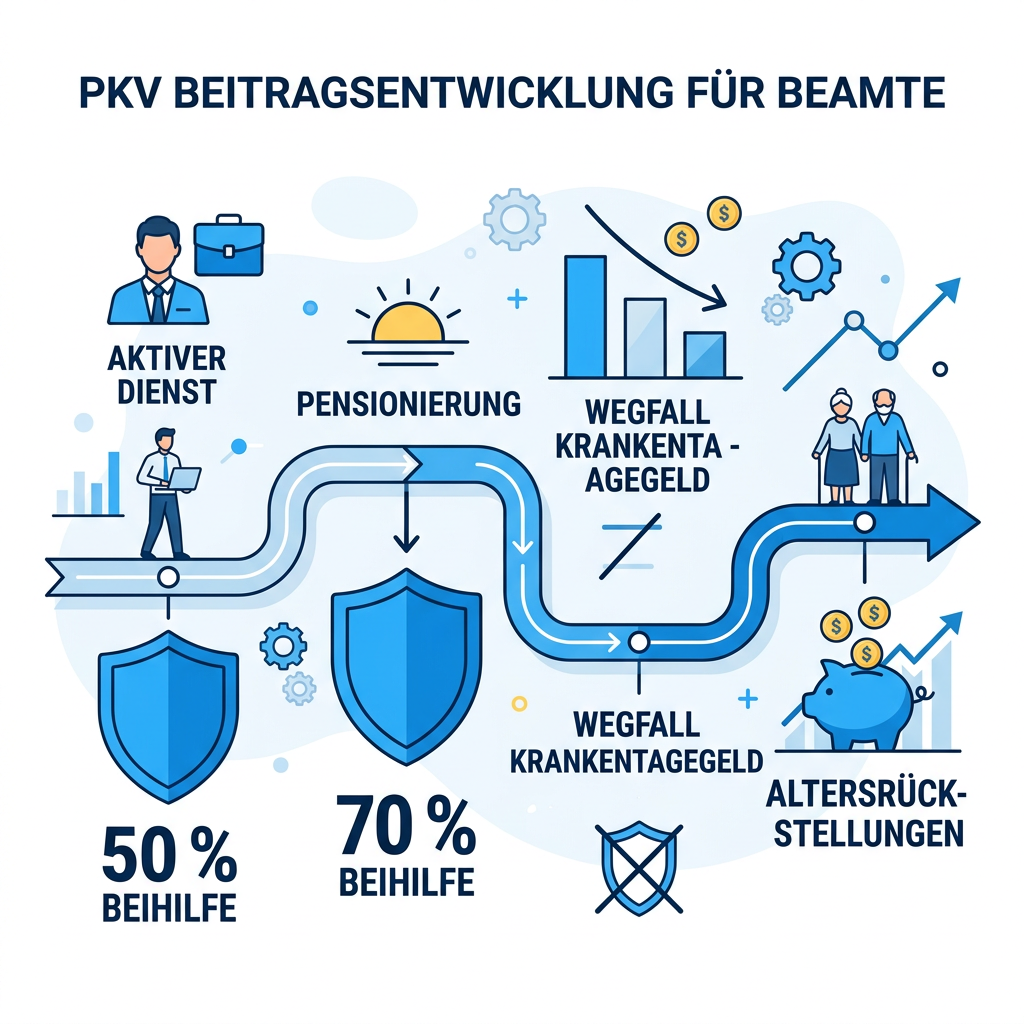 Infografik zur Beitragsentwicklung der PKV für Beamte im Lebenslauf Infografik zur Beitragsentwicklung der PKV für Beamte im Lebenslauf