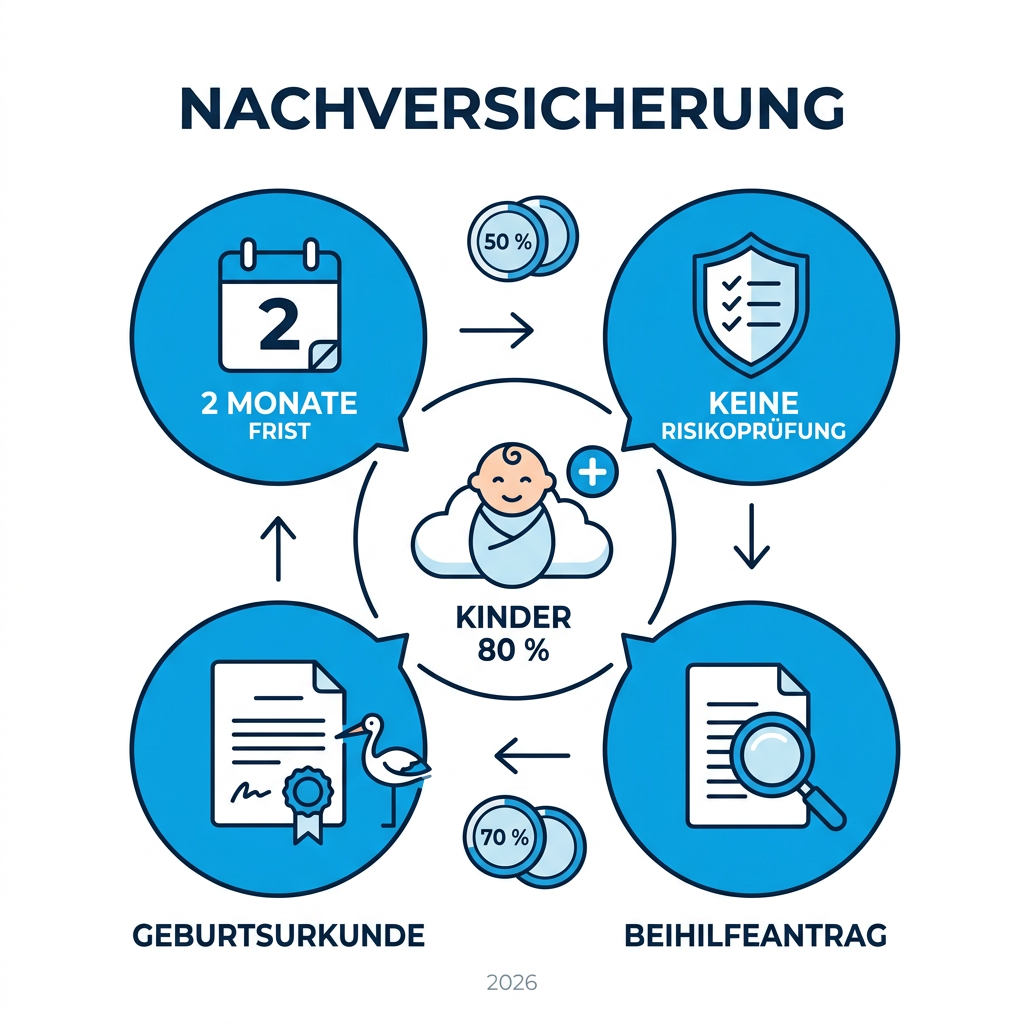 Infografik zur Anmeldung eines Neugeborenen in Beihilfe und PKV
