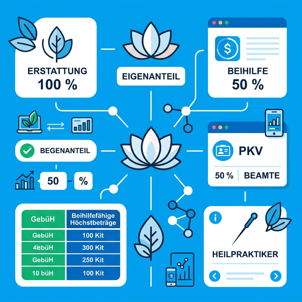 Infografik zum Vergleich von Abrechnungssätzen bei Heilpraktikern zwischen Beihilfe und PKV.