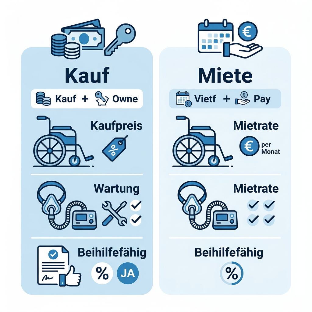 Infografik zum Vergleich von Kauf und Miete bei Hilfsmitteln für Beamte