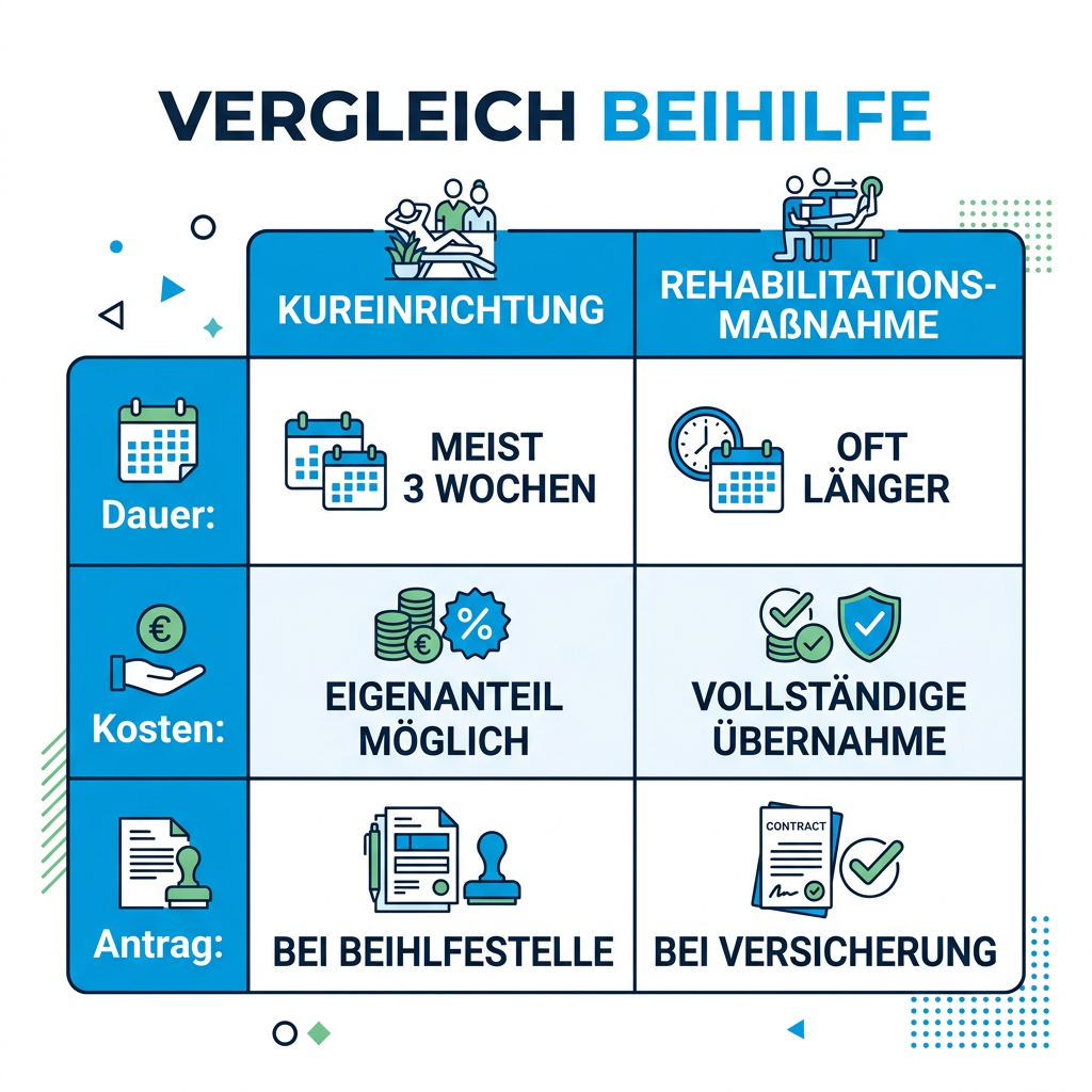 Vergleichstabelle zwischen Heilkur und Rehabilitation für Beamte