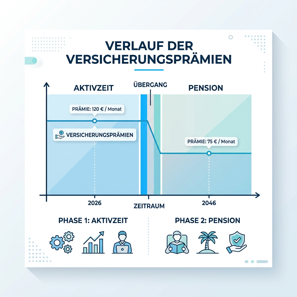 Diagramm zur Beitragsentwicklung in der PKV für den Zeitraum Dienstzeit vs. Pension