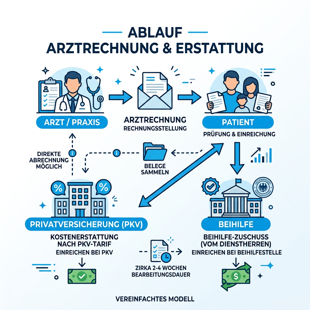 Infografik zum Ablauf der Kostenerstattung zwischen Arzt, Patient, Beihilfestelle und PKV