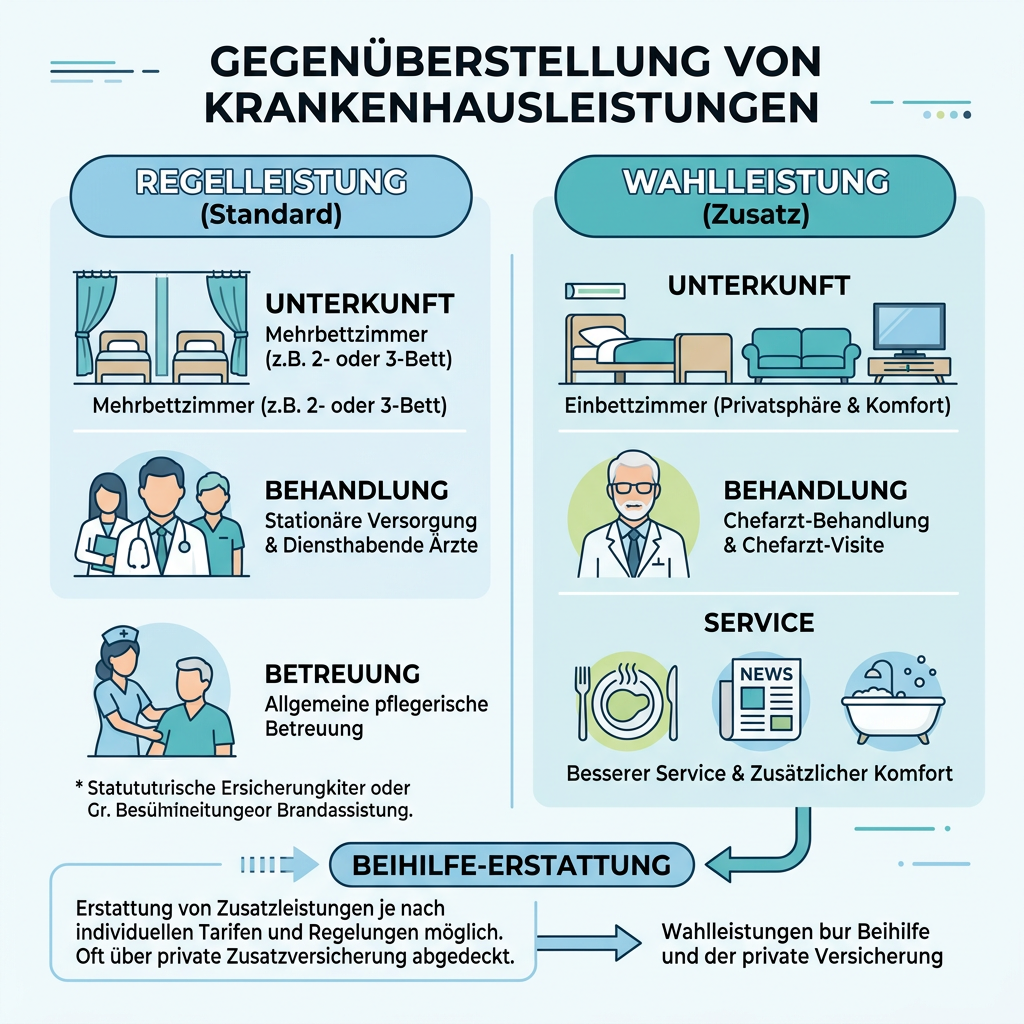 Infografik zum Vergleich von Regelleistungen und Wahlleistungen im Krankenhaus für Beamte